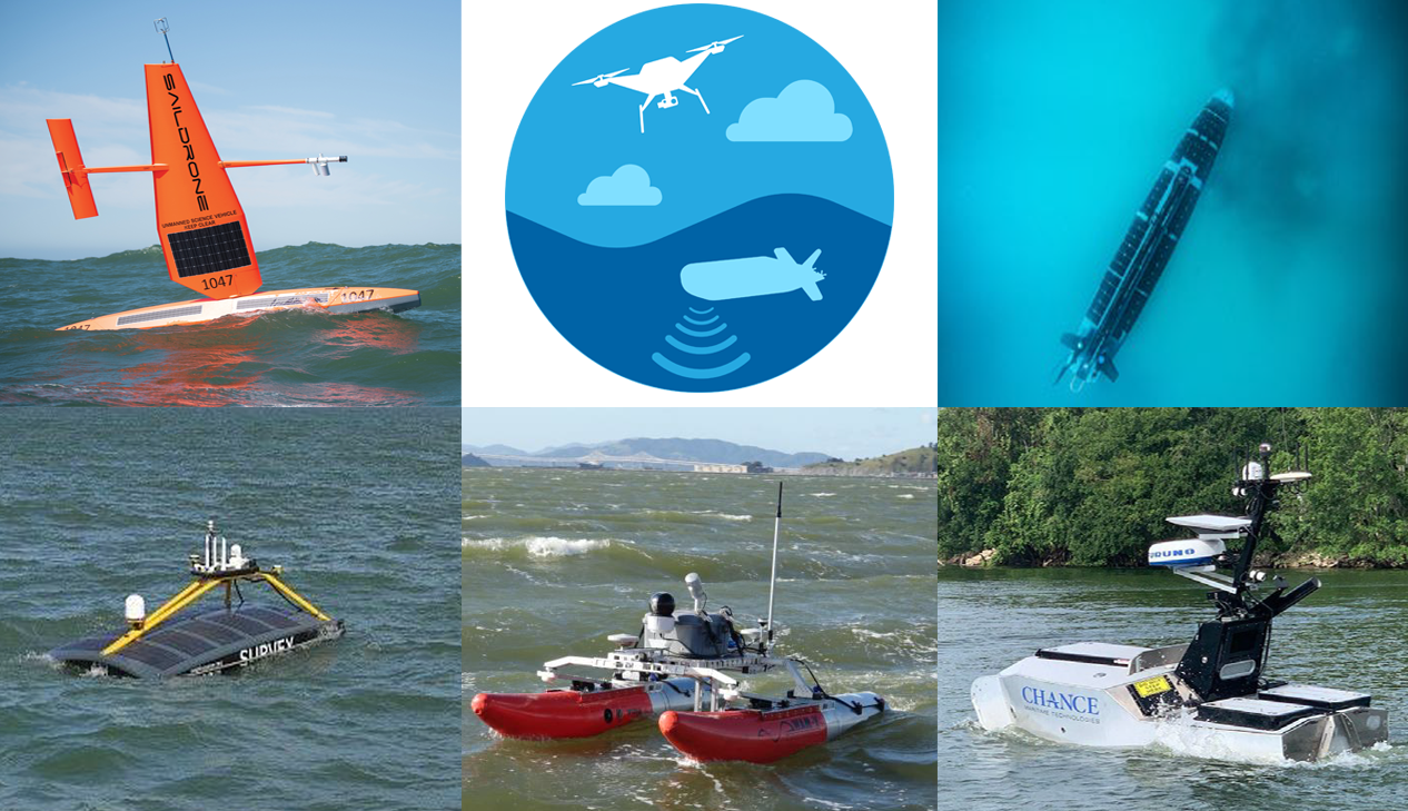 A collage showing a Saildrone, an uncrewed underwater vehicle, and three uncrewed surface vehicles