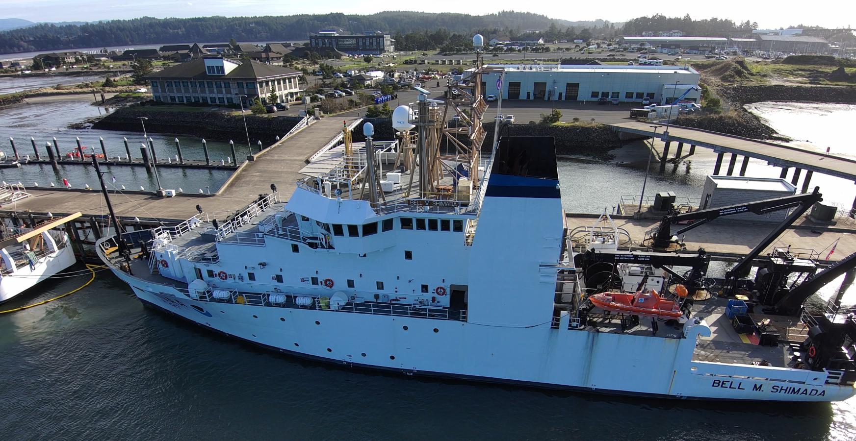 NOAA Ship Bell M. Shimada tied up to the pier at the NOAA Marine Operations Center Pacific