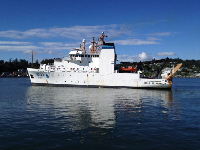 A white ship with Newport Oregon in the background on a clear day