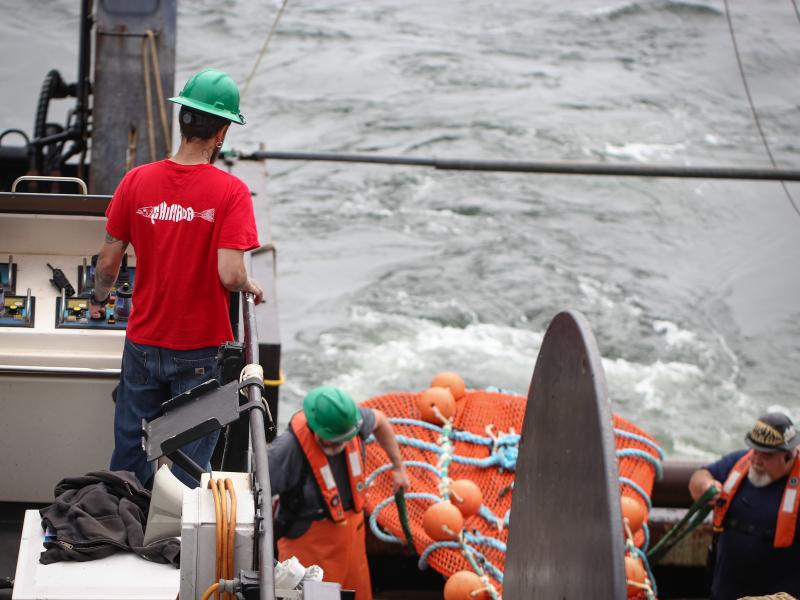 A NOAA ship crew member operating a system that deploys and recovers a net