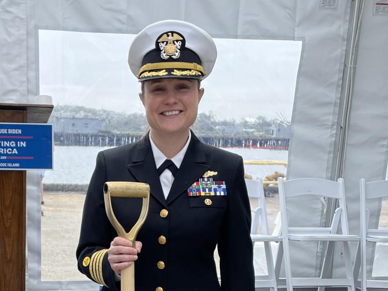 NOAA Corps Officer Amanda Goeller holding a shovel at the MOC-A groundbreaking.