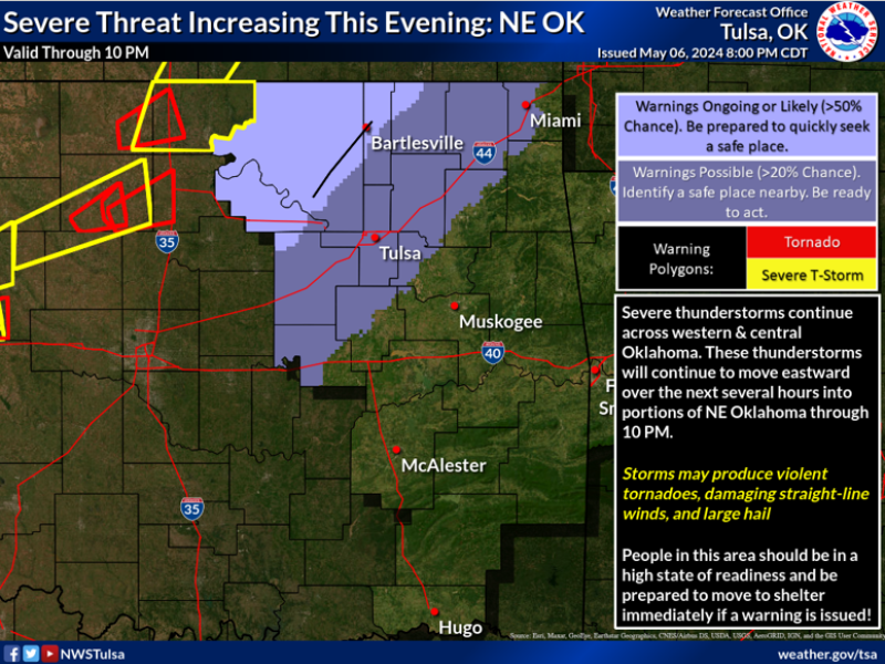 Map Tulsa, OK and surrounding area. Map has colored regions indicating potential areas for severe thunderstorms with a legend and descriptive text to the right side.