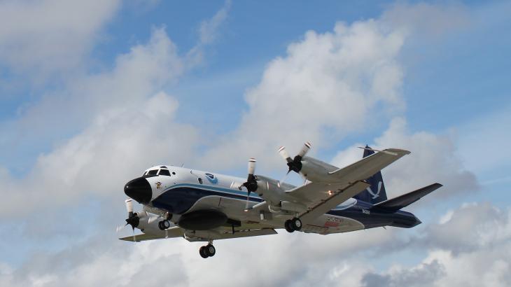 NOAA Lockheed WP-3D Orion "hurricane hunter" aircraft (N43RF) departing Lakeland Linder International Airport in Lakeland, Florida