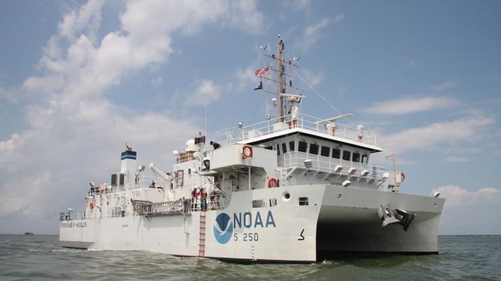 NOAA Ship Ferdinand R. Hassler, a hyrdographic survey vessel, gets underway near Norfolk, Va