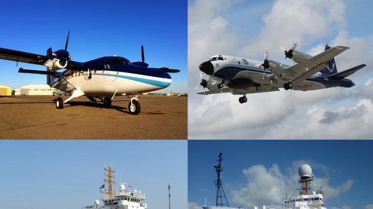 A collage with two aircraft on top and two ships on the bottom