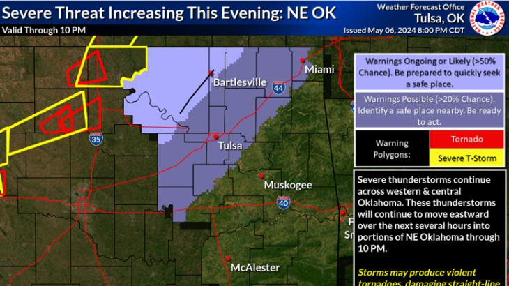 Map Tulsa, OK and surrounding area. Map has colored regions indicating potential areas for severe thunderstorms with a legend and descriptive text to the right side.