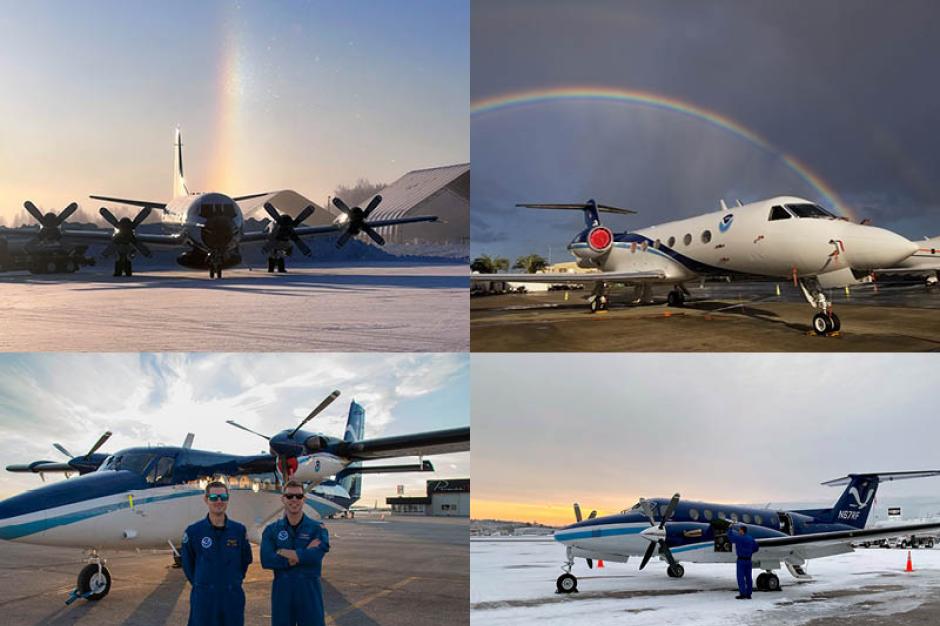 A collage of four photos of NOAA's different aircaft in different weather conditions to illustrate that their is no off-season for science and NOAA's aircraft.