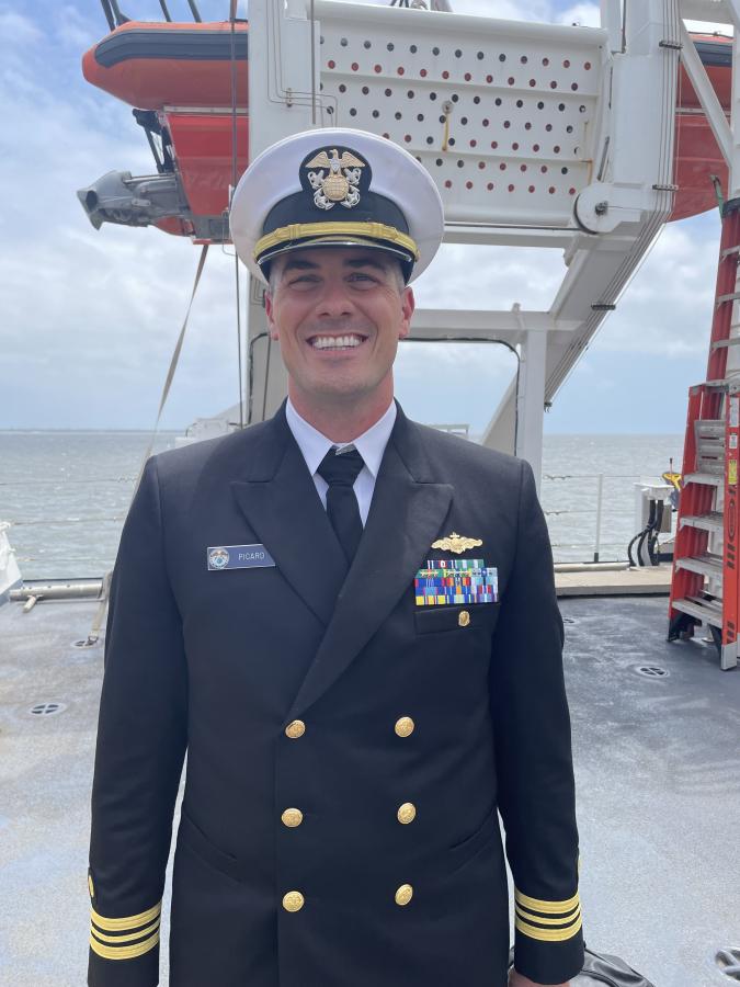 LCDR Dustin Picard on the deck of NOAA Ship Nancy Foster.