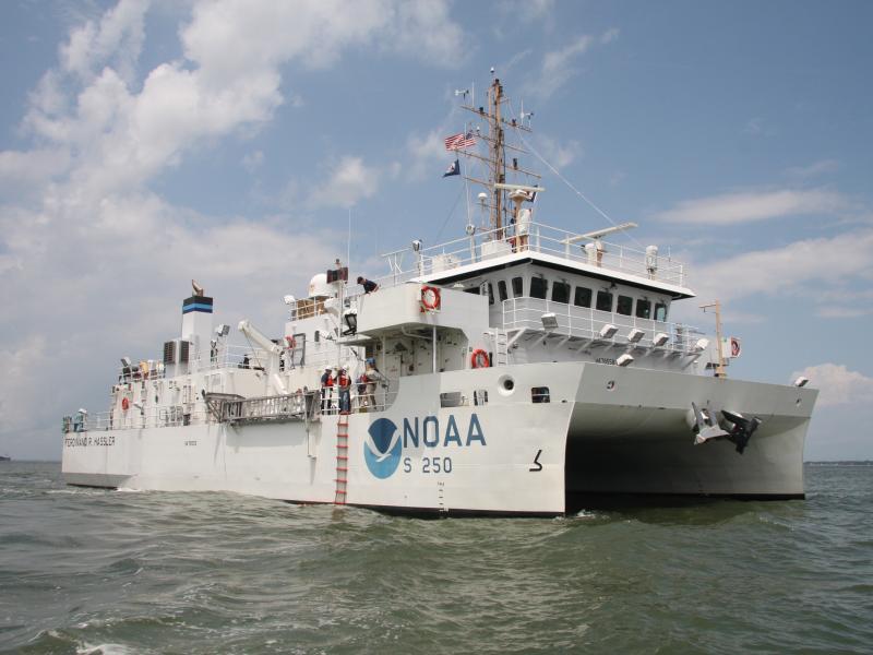 NOAA Ship Ferdinand R. Hassler, a hyrdographic survey vessel, gets underway near Norfolk, Va