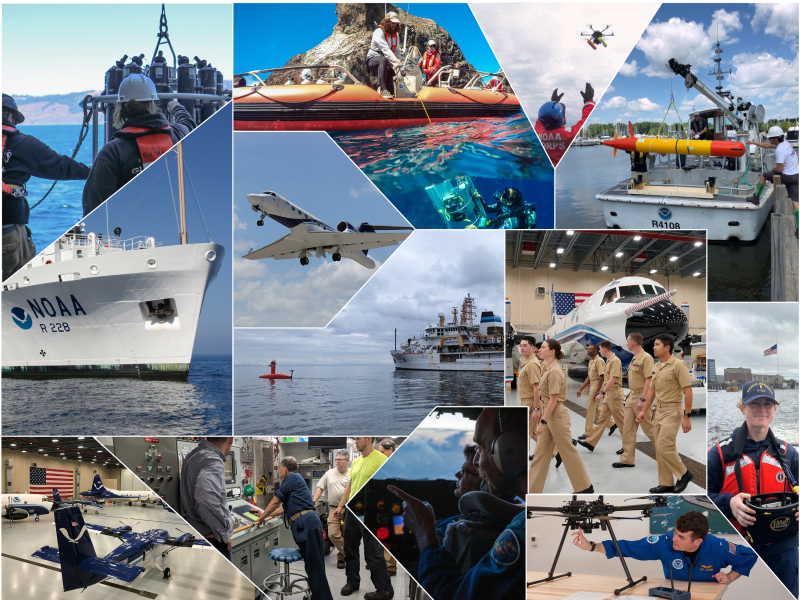 Collage of pictures of NOAA ships, planes, uncrewed systems, and workforce in action