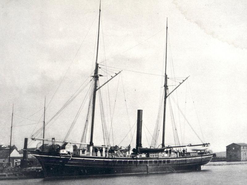 A black and white photo of the Coast and Geodetic Survey steamer BLAKE at a dock