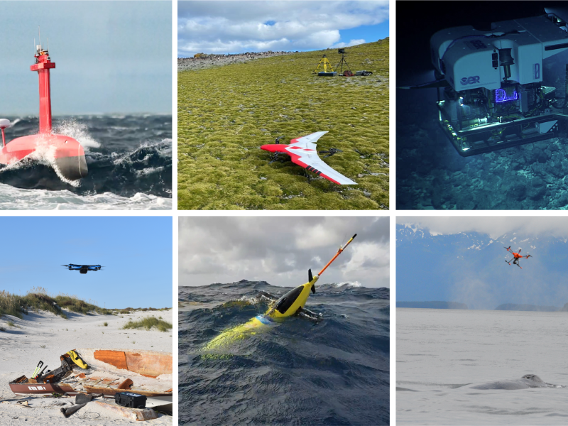 A collage of different types of uncrewed systems NOAA owns,.