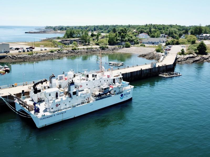 NOAA Ship Ferdinand R Hassler docked in New Castle, NH as seen from the air. 