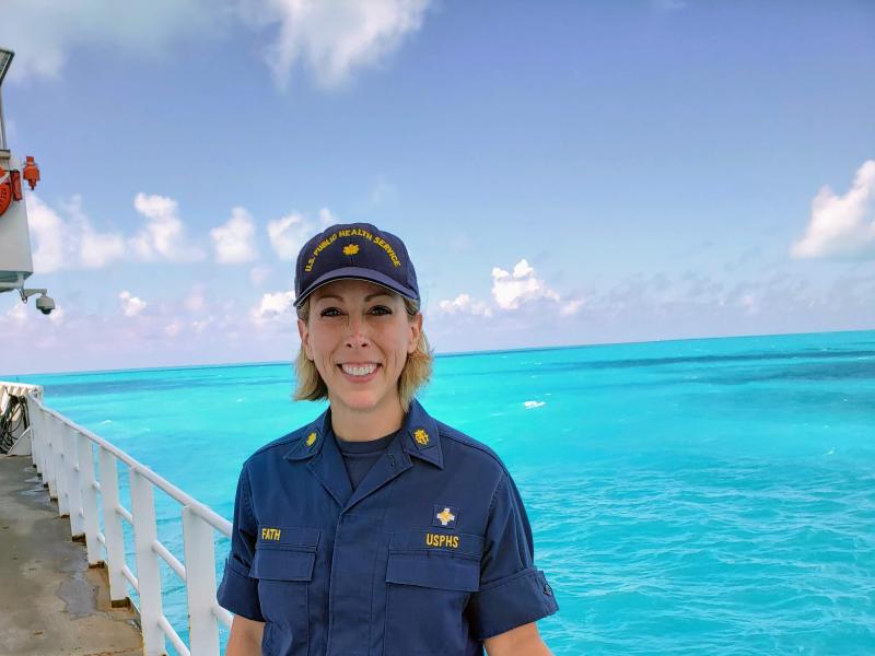 PHS CDR Kelly Fath in uniform on NOAA Ship Okeanos Explorer. 