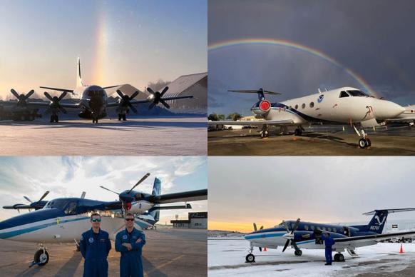 A collage of four photos of NOAA's different aircaft in different weather conditions to illustrate that their is no off-season for science and NOAA's aircraft.