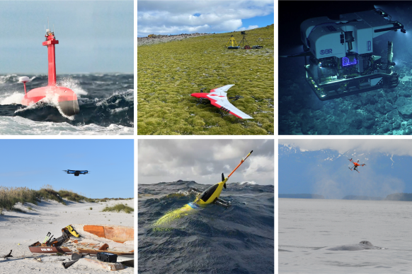 A collage of different types of uncrewed systems NOAA owns,.