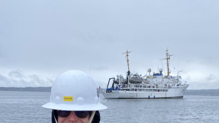 Garret Mayer with NOAA Ship Fairweather in the background. 