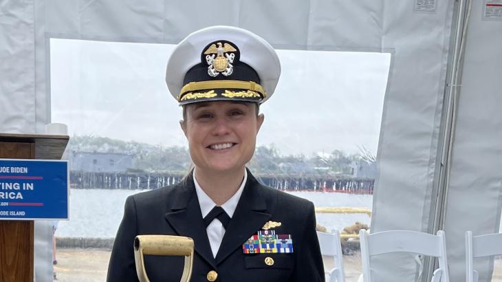 NOAA Corps Officer Amanda Goeller holding a shovel at the MOC-A groundbreaking.