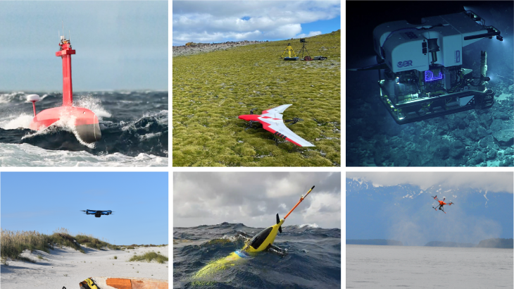 A collage of different types of uncrewed systems NOAA owns,.