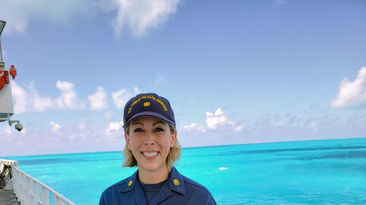 PHS CDR Kelly Fath in uniform on NOAA Ship Okeanos Explorer. 