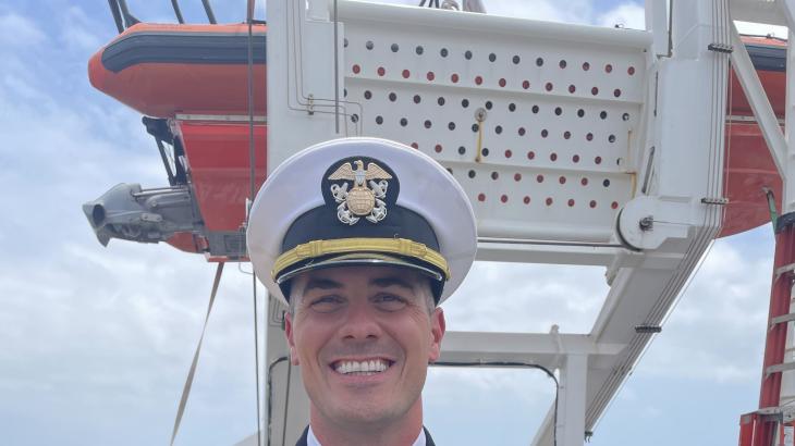 LCDR Dustin Picard on the deck of NOAA Ship Nancy Foster.