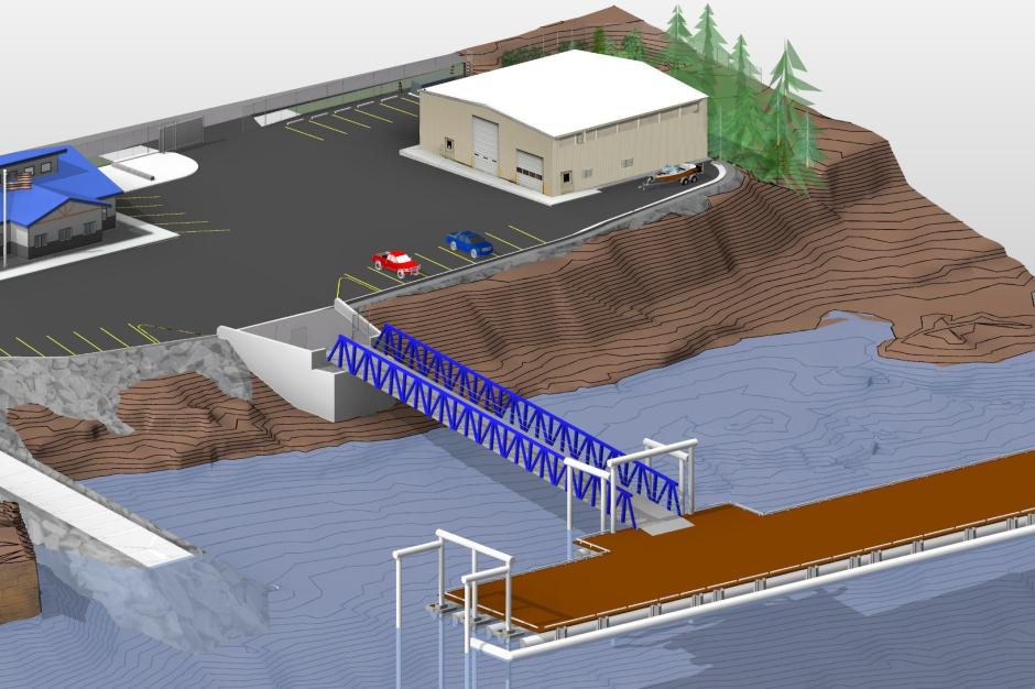 Rendering of NOAA port facility showing buildings and a dock