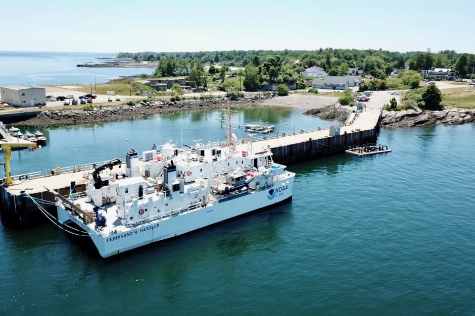 NOAA Ship Ferdinand R Hassler docked in New Castle, NH as seen from the air. 