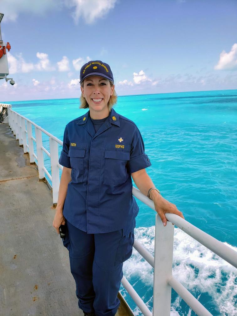 PHS CDR Kelly Fath in uniform on NOAA Ship Okeanos Explorer. 